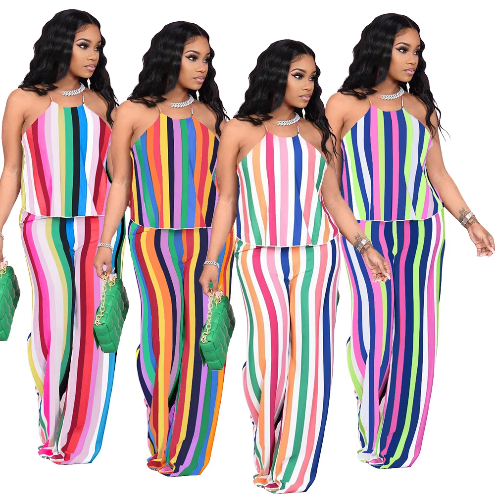 

Loose Casual Two Piece Set Women Summer Striped Sleeveless suit Halter Camis Top + Wide Leg Pants Holidays Matching Sets Outfits, Picture