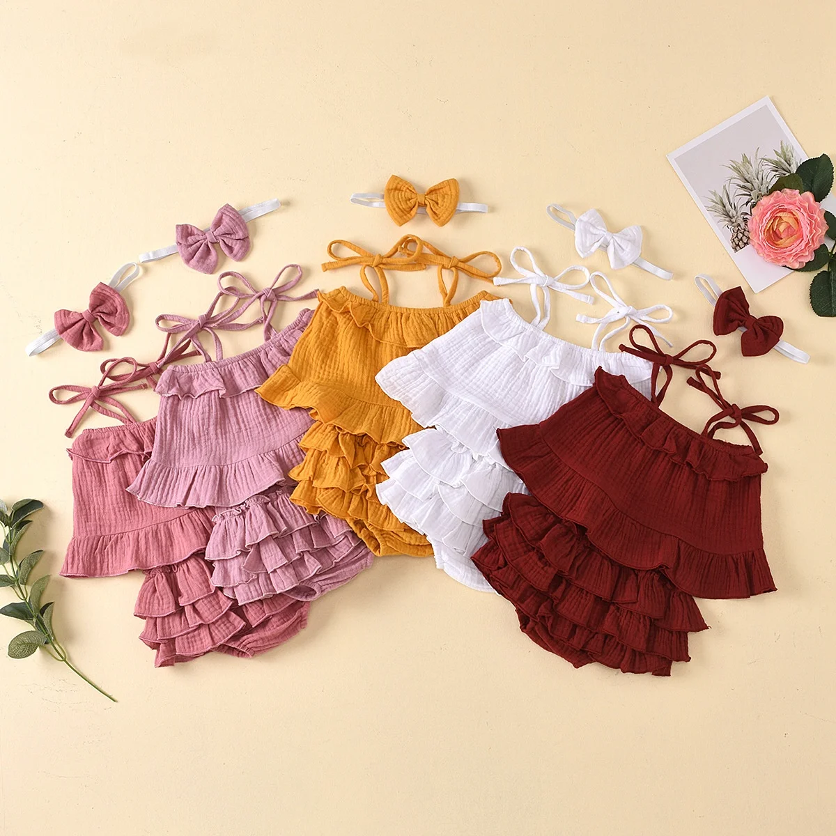 

Summer baby clothes set baby girls ruffle shirt pp shorts 2pcs outfit infant sling tops shorts headband 3pcs clothes set, As picture