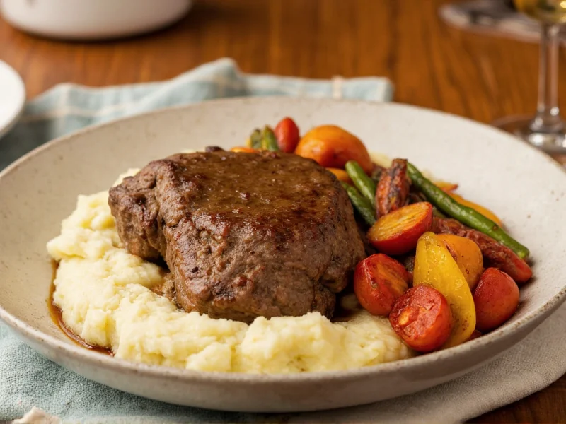 Homemade Salisbury steak served with mashed potatoes and roasted vegetables