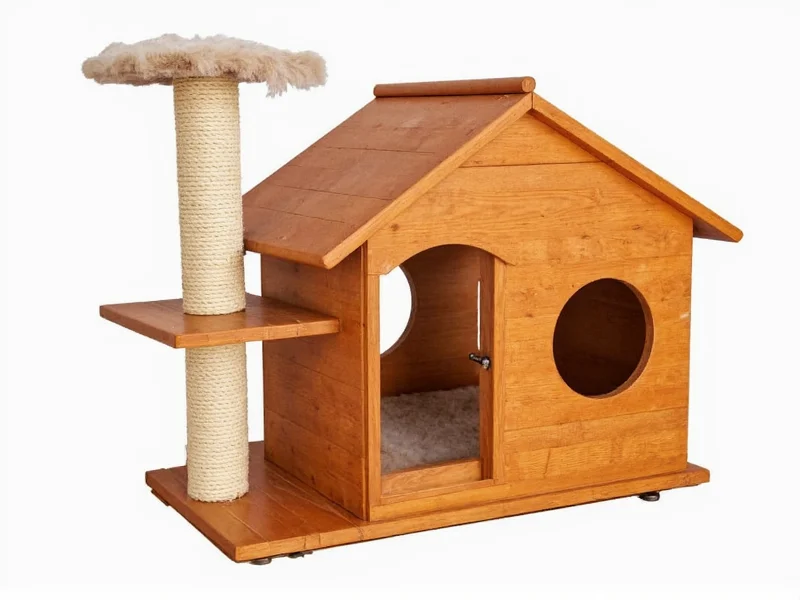 Wooden cat house with sloped roof and scratching post
