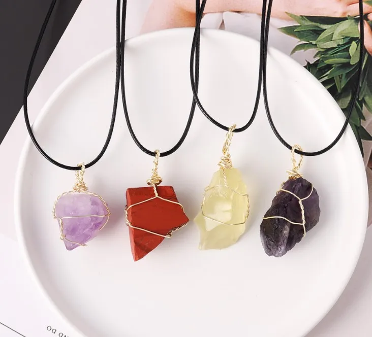 

wholesale natural crystal rough gem stone pendant gold wire pendant necklace raw stone wrapped braided quartz pendant, 7 color