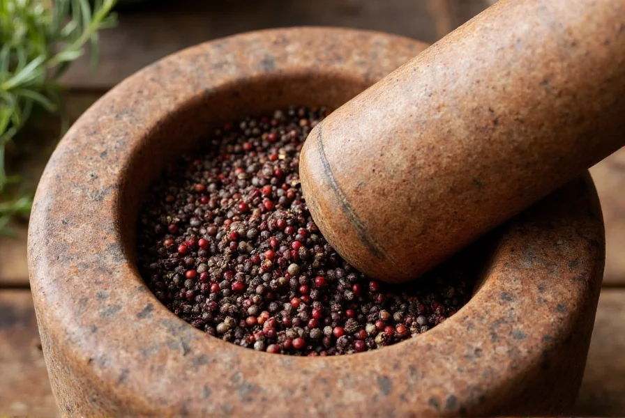 Juniper berries being crushed for cooking with mortar and pestle