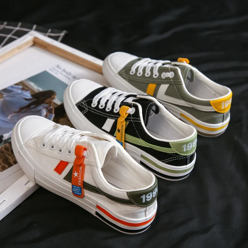 

2021 New Fashion Women Girls Flats Canvas Cloth Korean Candy greenColor Women's Casual Shoes, Black/white/green