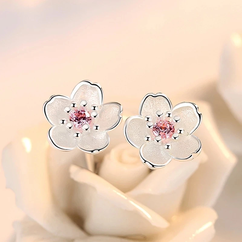 

Silver 925 Jewelry Sterling Silver Earrings Cherry Blossom Inlaid Pink Zircon Ear Studs Simple and Popular Earrings for Women, Pciture shows