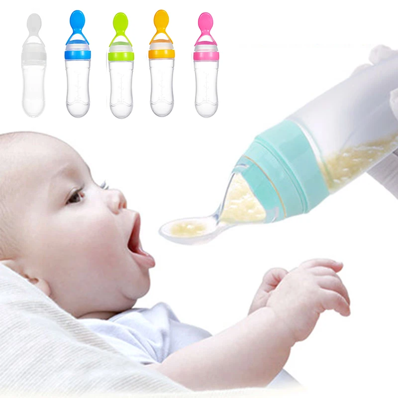 

90ML Safety Baby Silicone Feeding With Spoon Feeder Food Rice Cereal Bottle Food Supplement Bottle With Spoon, Pink,blue,orange, white,green