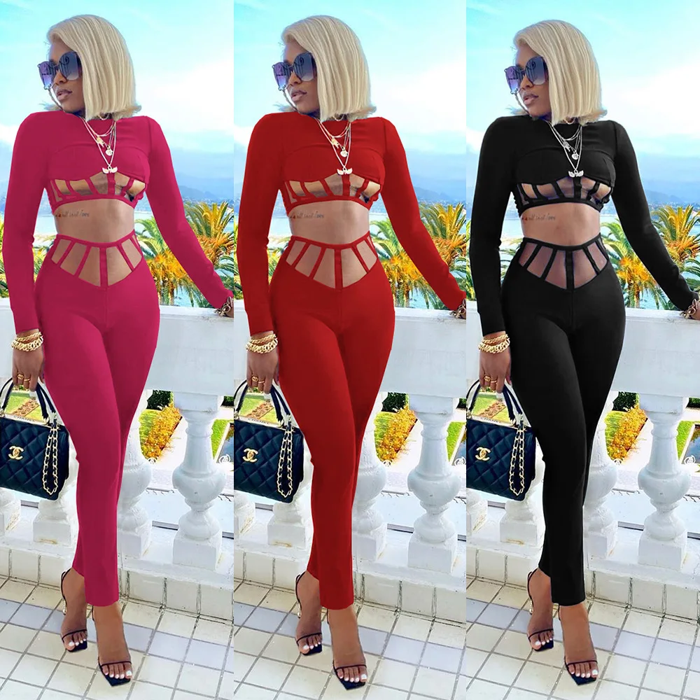 

ML-9019 New Solid Color Mesh Sexy Temperament Splicing Two-Piece Suit