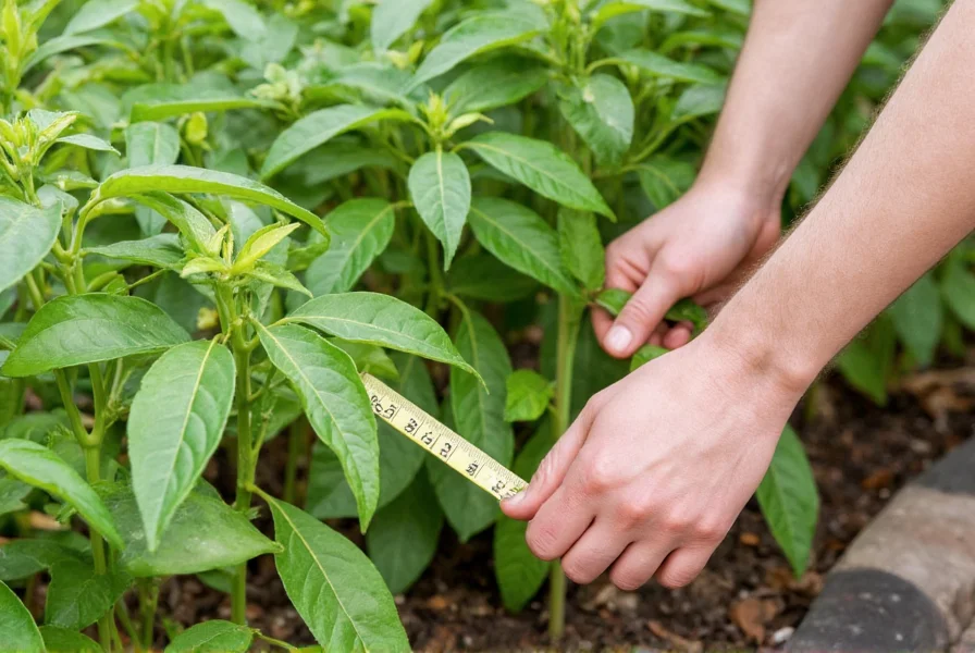 Gardener using measuring tape to space pepper plants in garden bed showing proper technique for measuring distance between pepper plants