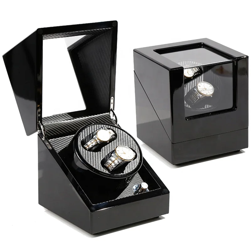 

Shiny black wooden automatic watch winder with quiet motor for double watch display, Black or pantone color