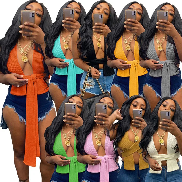 

Z0103 Best selling 2021 summer Fashion Knit Cropped Sweater DIY Stylish Lace Up sexy Cardigan Crop Top Sweater Women Sweater, Picture color