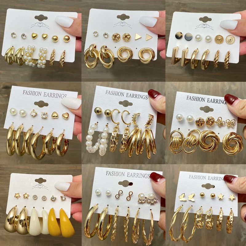 

17KM Trendy Acrylic Pearl Crystal Earrings Set Fashion Gold Metal Twist Circle Hoop Earrings for Women 2021