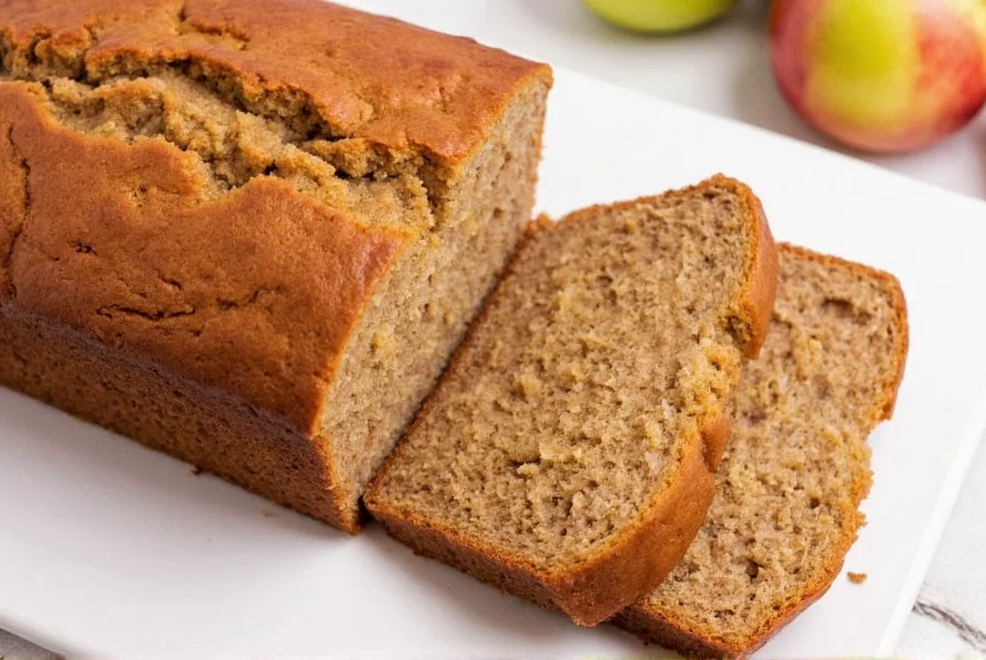 Moist homemade apple cinnamon bread loaf with visible apple chunks and cinnamon swirls on wooden cutting board