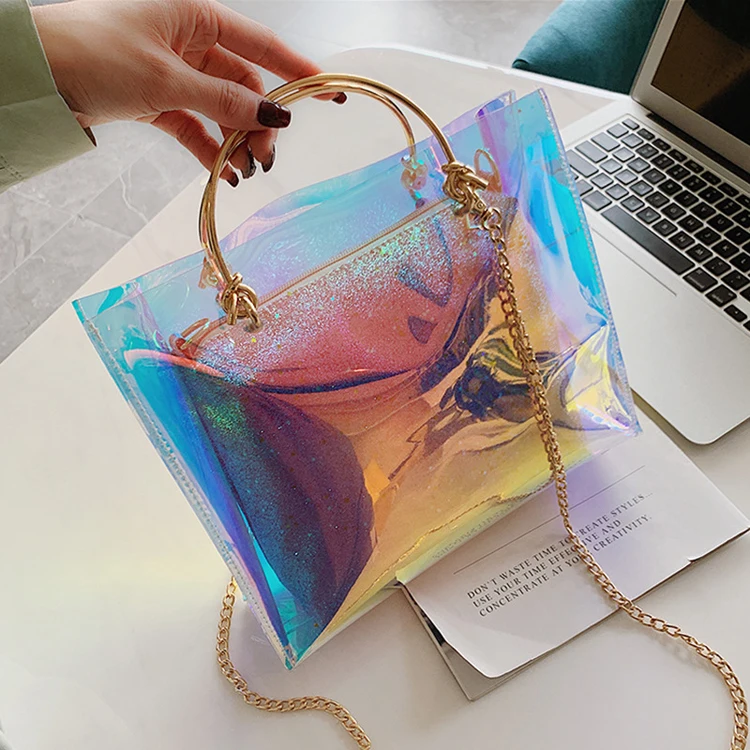 

2020 Large Capacity pvc clear women jelly hand bag laser transparent bag ladies handbags set for summer, Pink,sliver,colorful