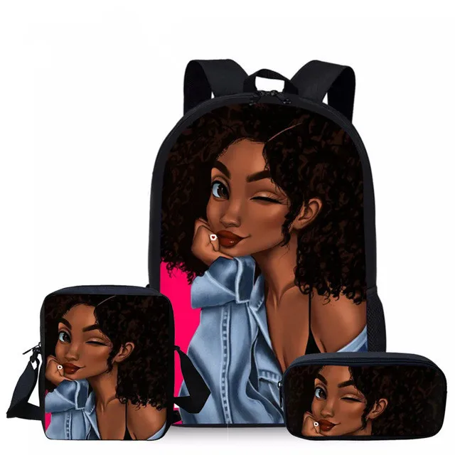 

3pcs/set School Bags Kids Black Art African Girl Printing School Bagpack Children Shoulder Book Bags Satchel