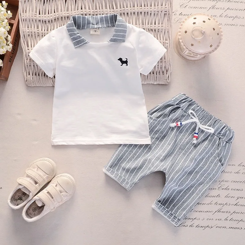 

New arrival toddler boy's clothing set summer short sleeves t shirt and striped pants clothing set for kids, Picture shows