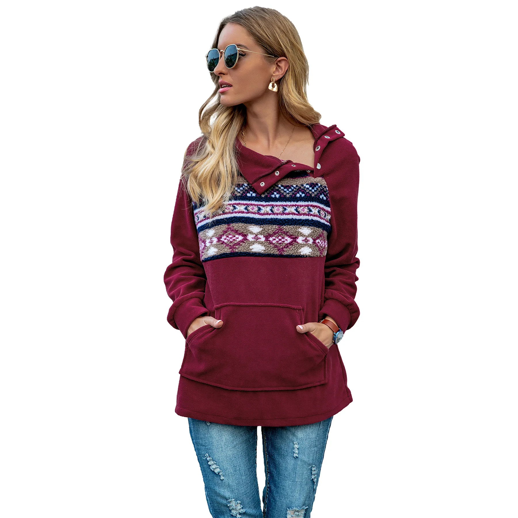 

woman 2020 Printed button pocket tops hoodies women's Turtleneck top hoodie, 5colors
