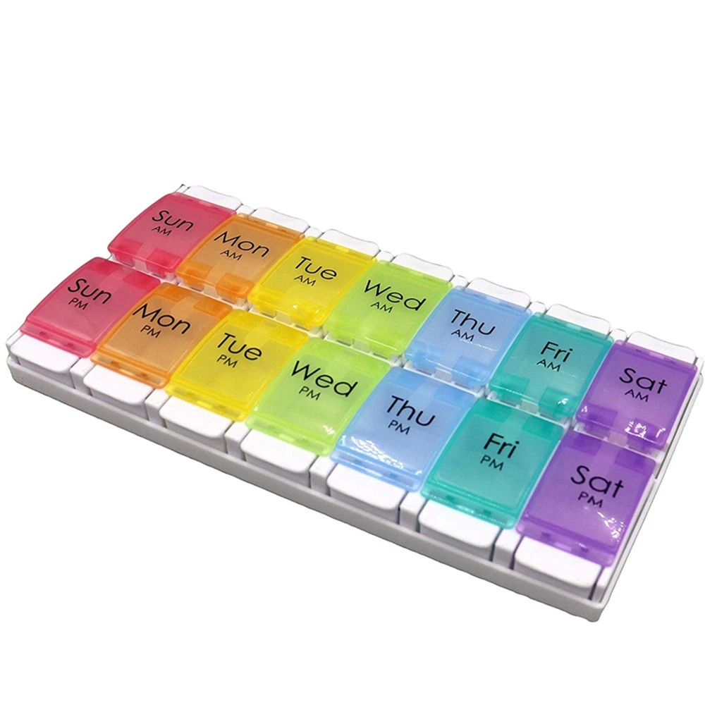 Am Pm Weekly 7 Day Pill Box Organizer Rainbow Color 14 Cases Pill Boxes With Easy Push Button