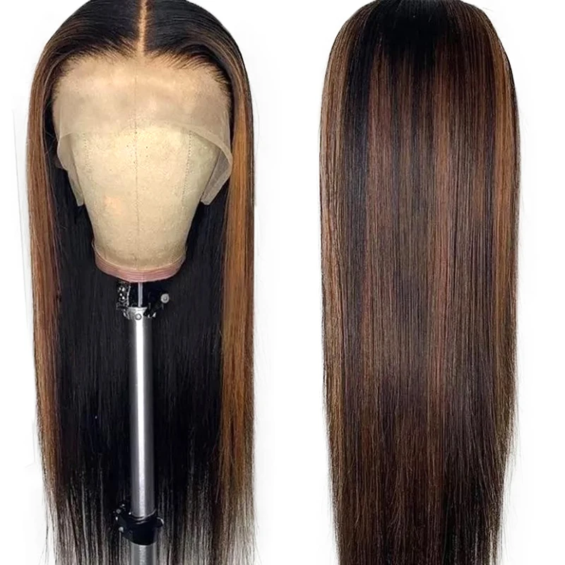 

Preplucked Virgin Cuticle Aligned Hair 4/27 Color Brazilian Human Hair Front Lace T Part Wig