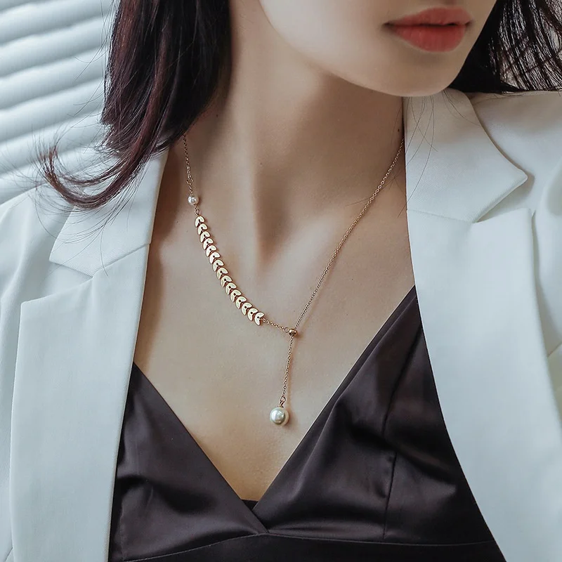 

Fashion jewelry delicate pearl wheat adjustable choker necklaces women simple stainless steel clavicle chain pendant necklace