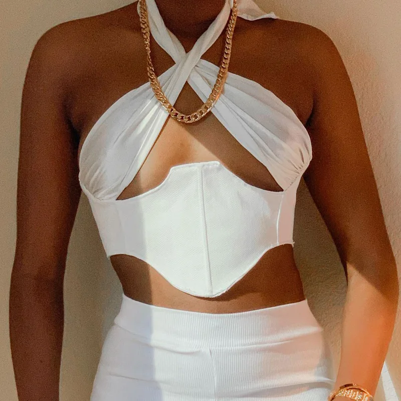 

Women Patchwork Backless Corset 2021 Sleeveless Bandage Cropped Tops Sexy Fashion Streetwear Clubwear Vest Female, Solid color