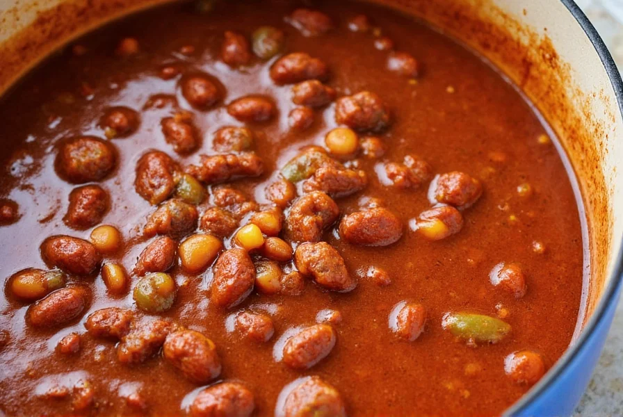 Slow simmering beef chili in Dutch oven showing perfect thick consistency for best beef chili recipe