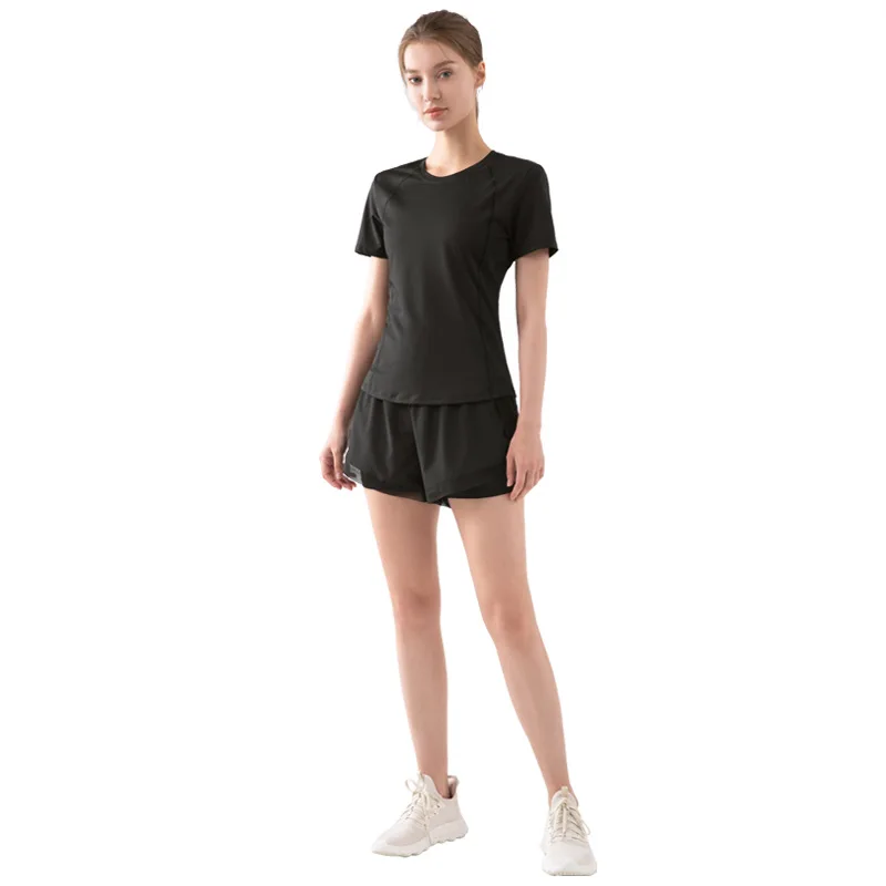 

Hot Sale Custom Logo Ladies Gym Wear Seamless Yoga Set Short Sleeve Shorts Suit Custom Workout Apparel 2 Piece Yoga Set Women