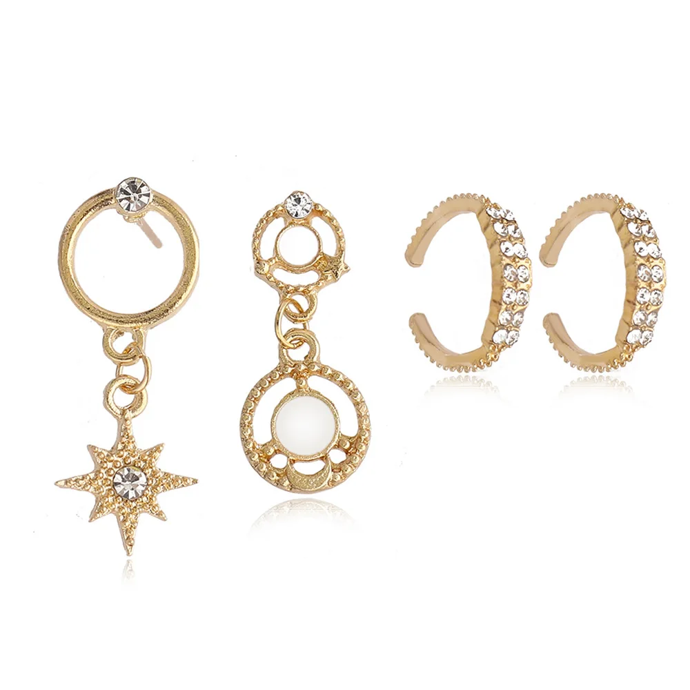 

JUHU Popular golden star drop earring diamond-studded clip earrings C shape stud earring set more than one card for women, Gold