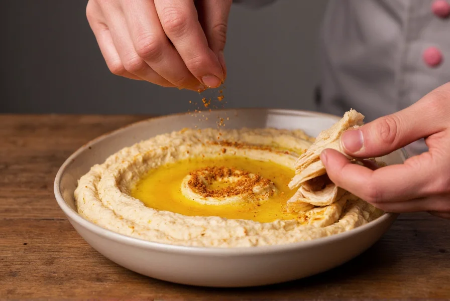 Chef's hands sprinkling Aleppo pepper substitute blend over finished dish of hummus and pita