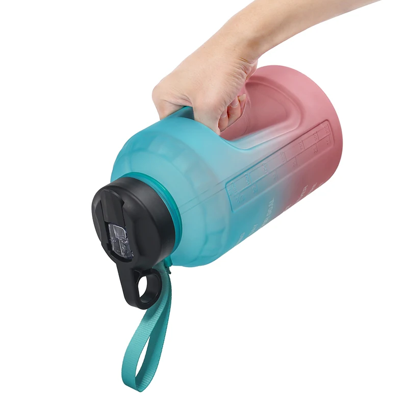 

2021 hot amazon 2.2L half gallon sport water bottle Gradient color Large Capacity motivational Water Bottle Plastic custom logo, Customized color