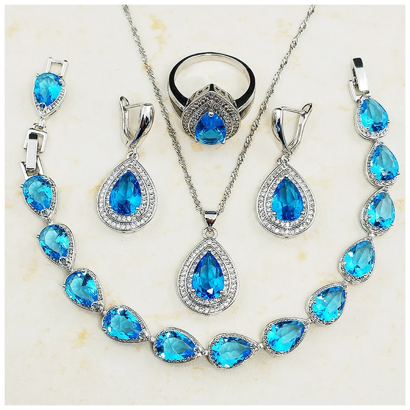 

water drop Luxurious gemstone cubic zircon earring ring necklace bracelet women bridal jewelry set for wedding party gift, Sky blue