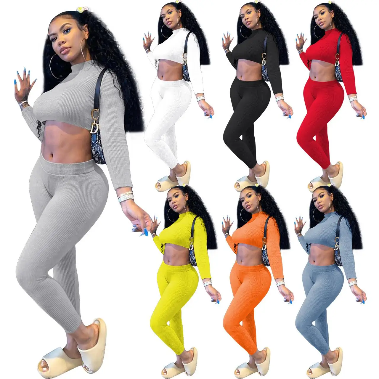 

Women Active Two Piece Set Solid Rib Knit Long Sleeve Crop Tops T-Shirt Jogging Pants Suit Sport Outfit Tracksuit Set, Customized color