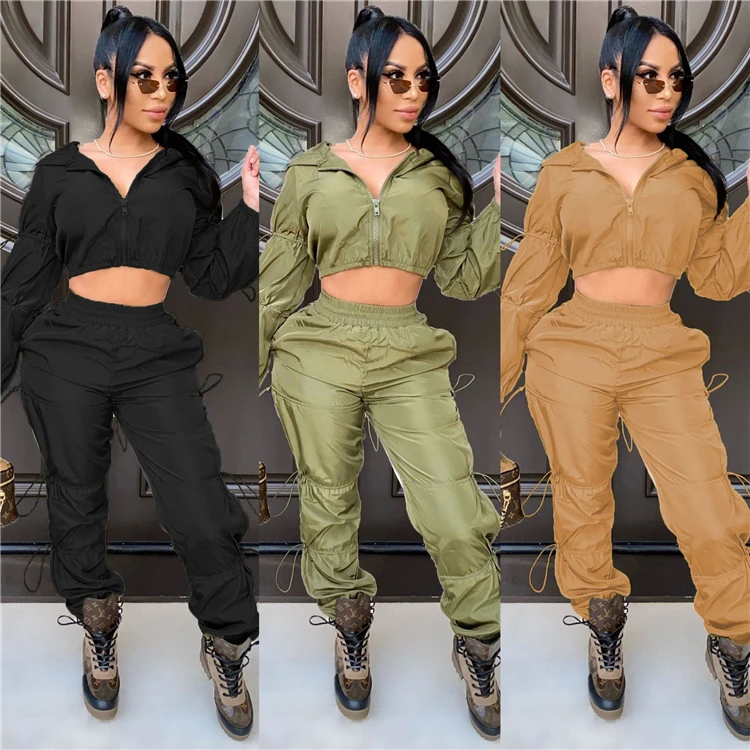 

W8515 Zipper hooded women plus size two piece sports set clothing