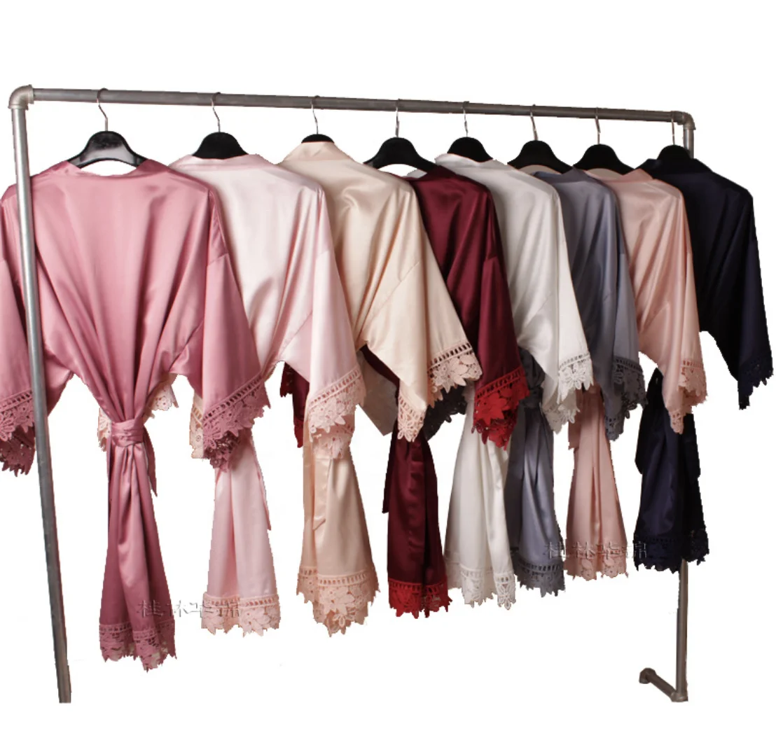 

2021 New Design Custom Plus Size Short Silk Kimono Robes With Lace Bridal Robes Satin Bridesmaid Wedding Party For Women, Azure, blush, dark red, dusty blue, dusty orange, dusty rose...