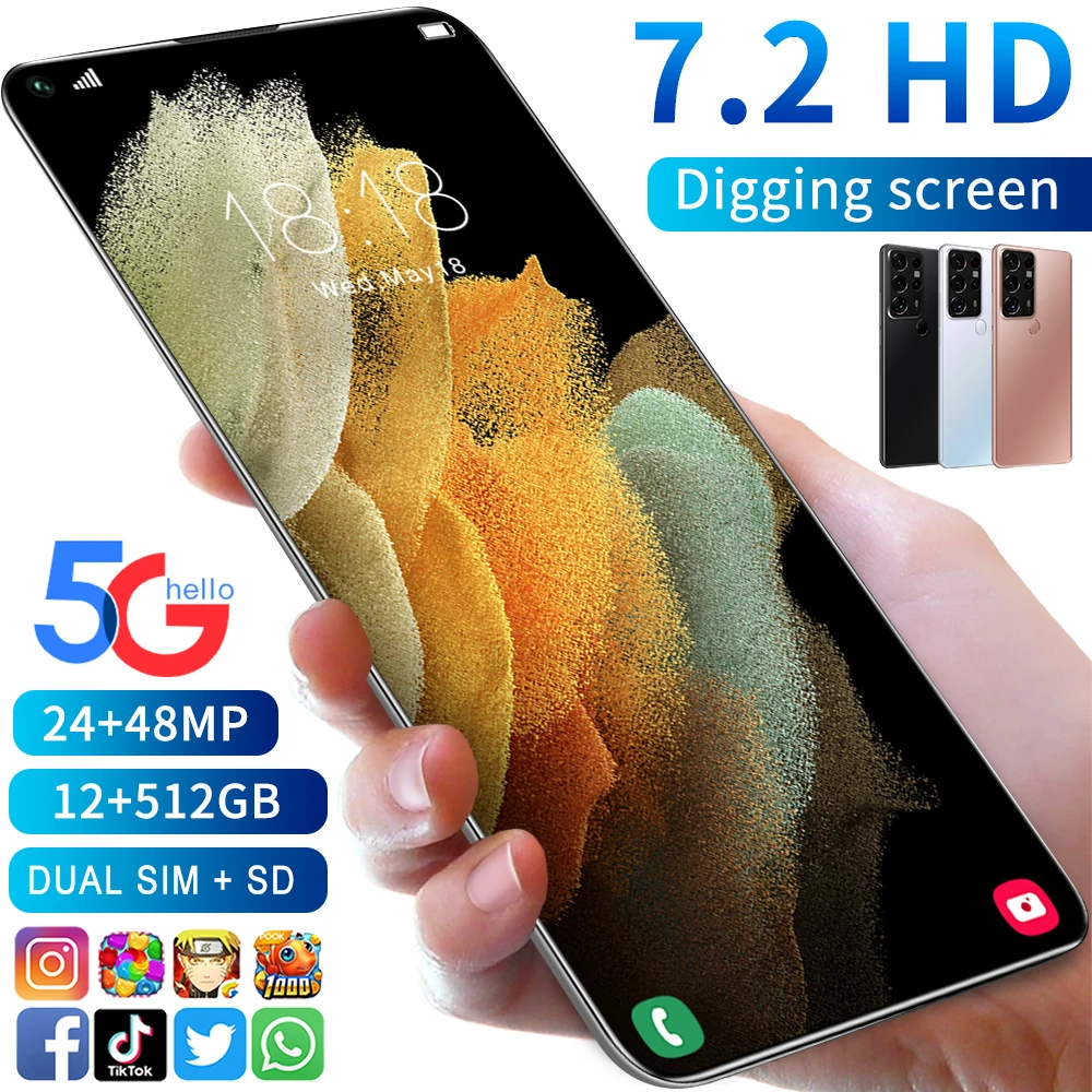 

S25 Ultra Unlocked Smartphone 7.2 Inch 3040x1440 MTK6889 10 Core Android 12GB + 512GB 5G 5800mAh Large Capacity Mobilephone, Black,gold,white