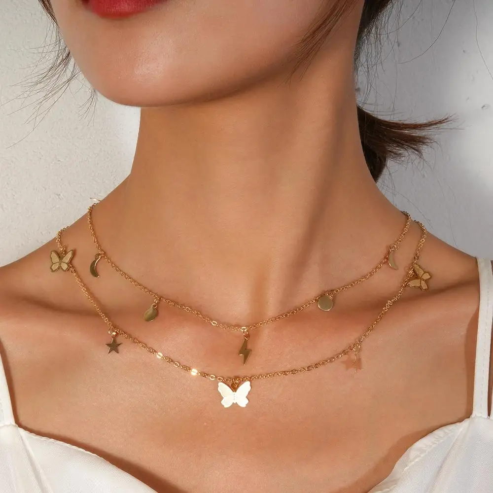 

Trendy Gold Plated Butterfly Necklace Moon and Star Pendants Butterfly Multilayer Necklace for Girls