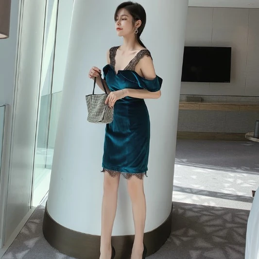 

New Fall Fashion Velvet Strapless Lace Stitching Slim Banquet Sexy Suspender Dress Prom Dress, Blue