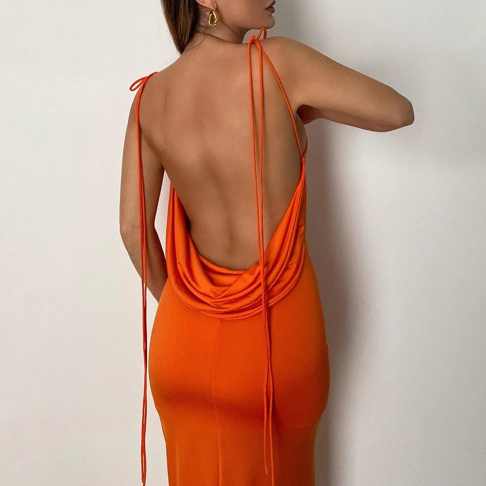 

elegant Spaghetti Strap Sexy Backless Draped Maxi Dress for Women Sleeveless Night Club Party Long Dresses Summer
