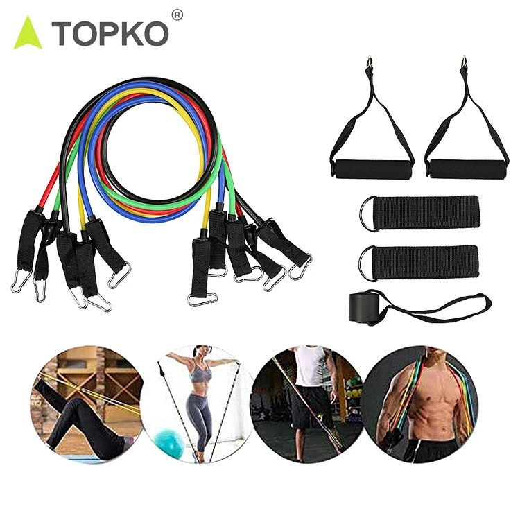 

TOPKO hot selling wholesale fitness exercises 11pcs 150lbs heavy tpe latex resistance band and tube set