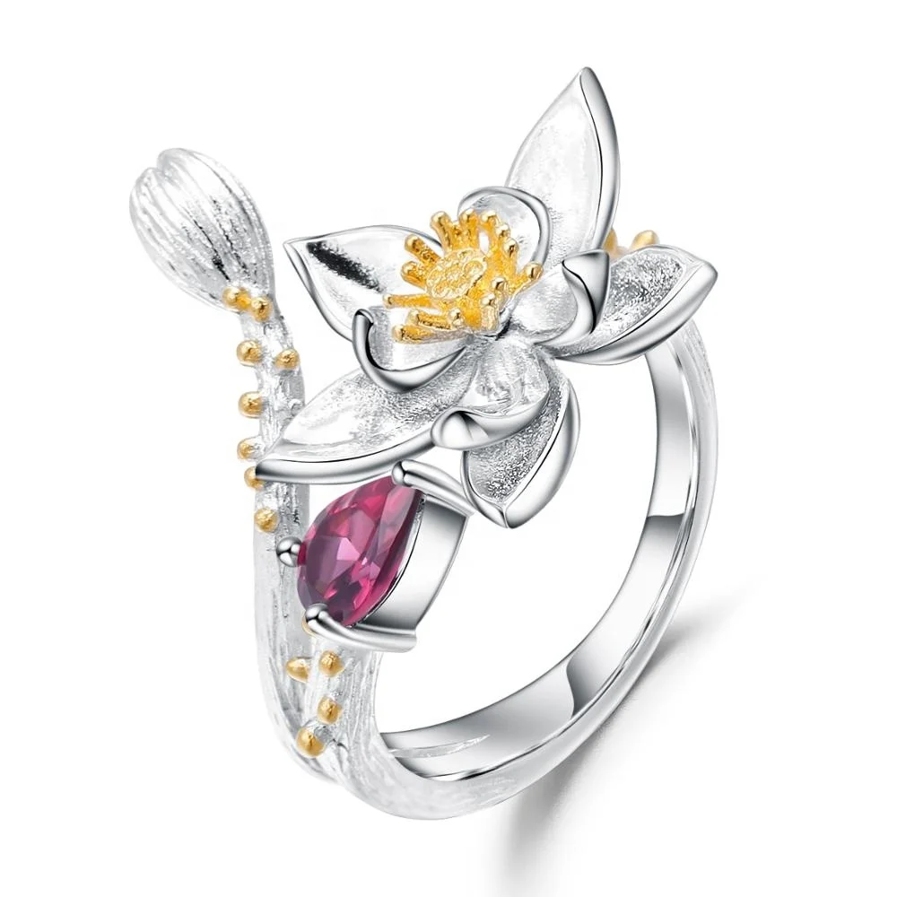

Abiding Natural Rhodolite Garnet Handcrafted Adjustable Gold Plated Flower 925 Sterling Silver Rings Jewelry Bijoux