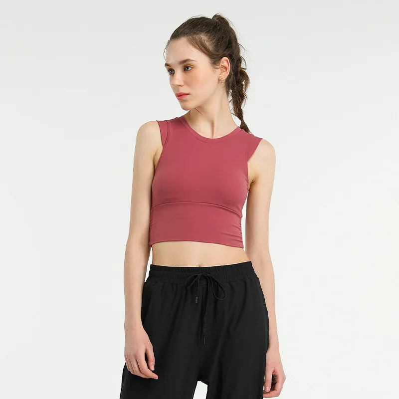 

custom logo Lady's Fitness Yoga Running sleeveless blank t shirt sports pad bra vest tank top o-neck women smock plus size top, Picture shows