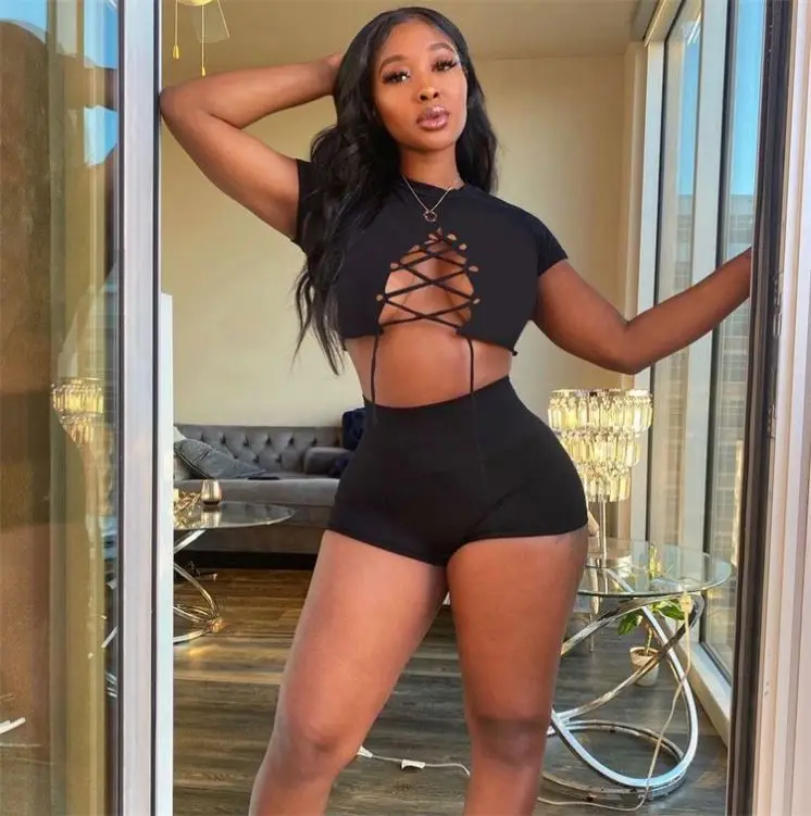

PEARL New Style Summer Black Two Piece Crop Top Eyelet Bandage Women Casual Short Sleeve Two Piece Shorts Set