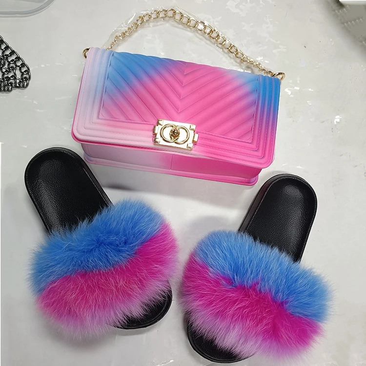 

Fashion Diamond Chain Fluffy Flip Flops Fox Sandals Furry For Ladies Women colorful outdoor fur slippers