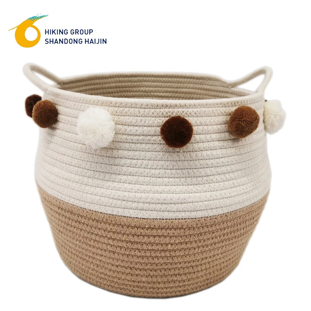 

Hot sell latest design belly Cotton Rope Woven Storage Baskets brown&white Pom Pom