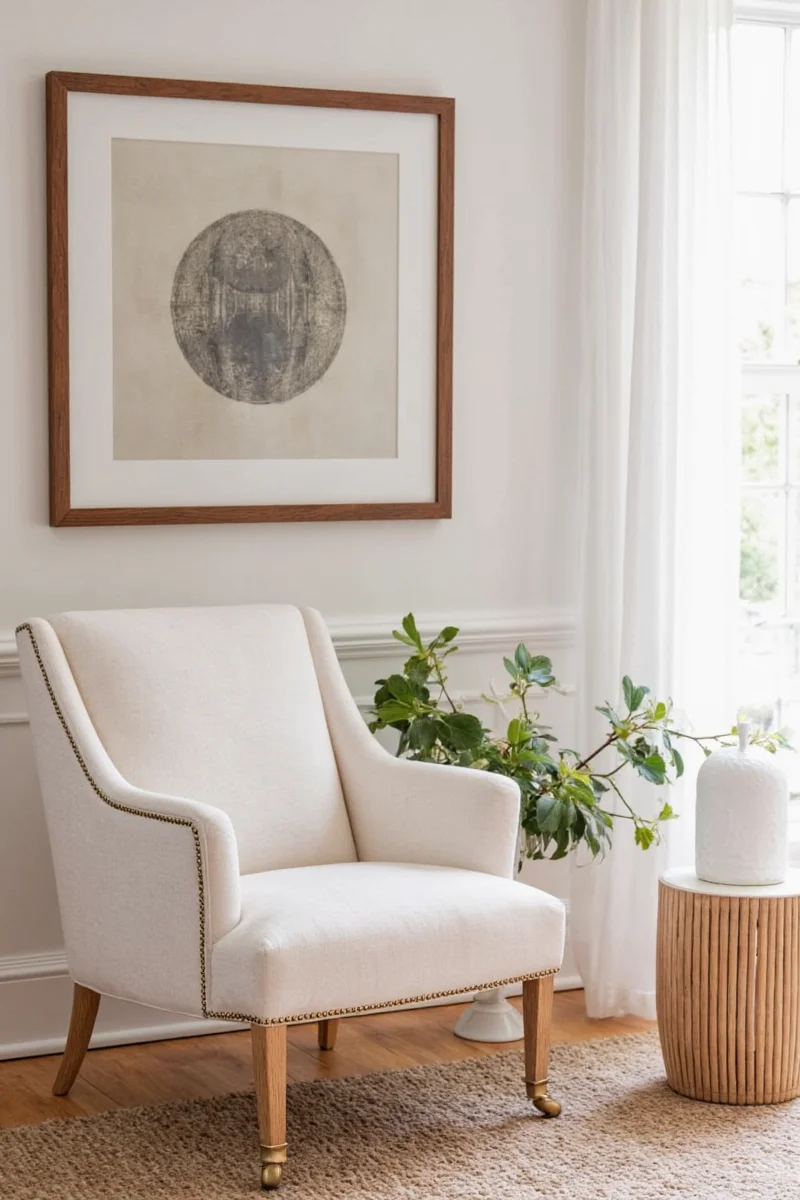 Neutral bedroom with pops of blue accent pillows