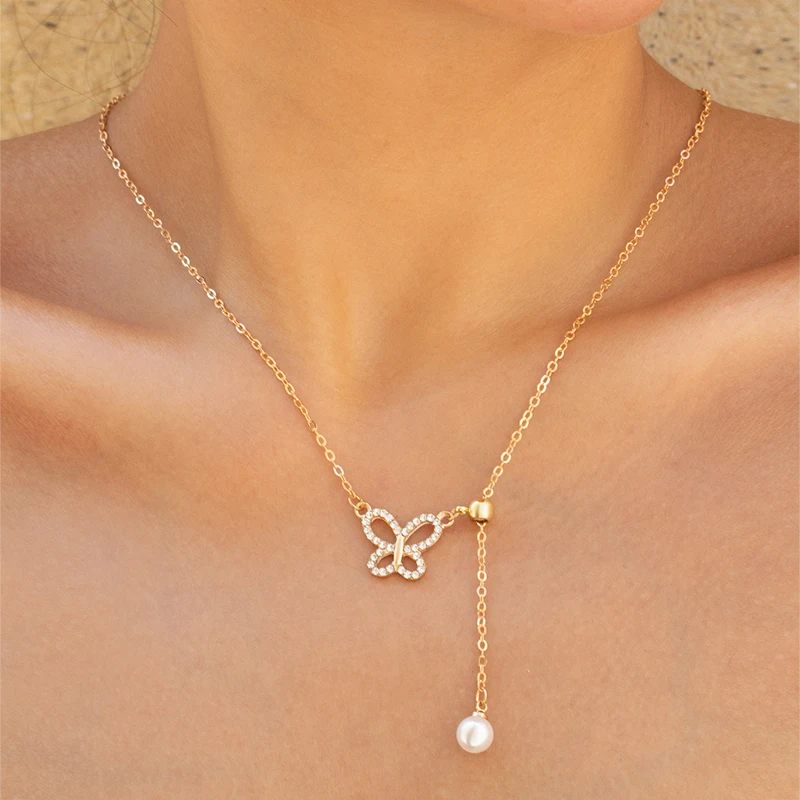 

women hot sale jewelry gold chain choker butterfly pendant pearl drop necklace, Silver
