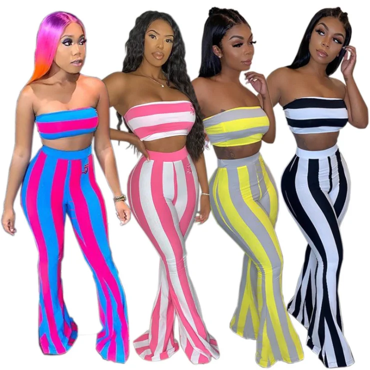

2019 Women 2 Piece Set Outfits Striped Tube Top Sexy Fashion Jumpsuit And Rompers