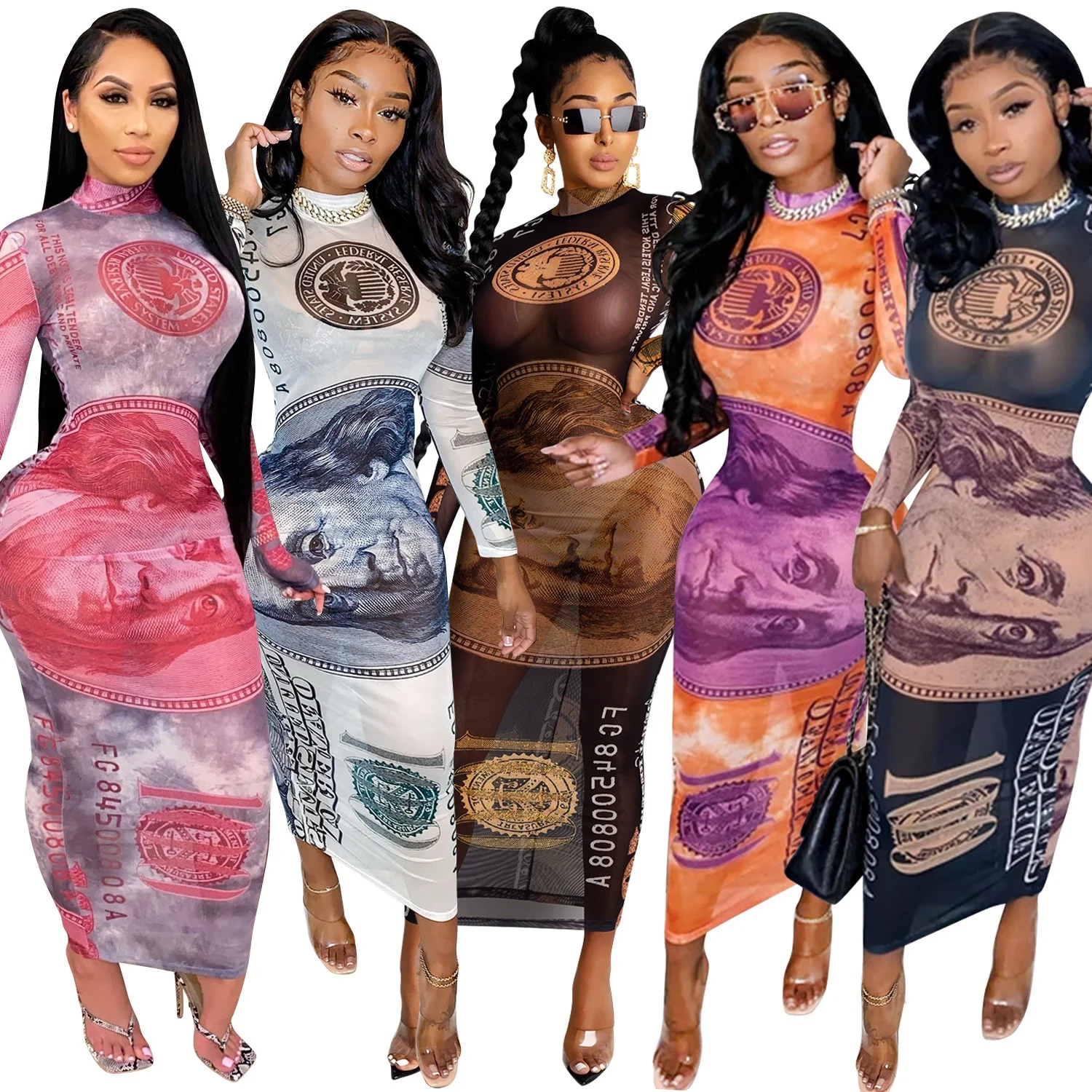 

2021 New Arrivals Dollar Money Printed Women Mesh See Through Sexy Party Night Club Long Maxi Dress