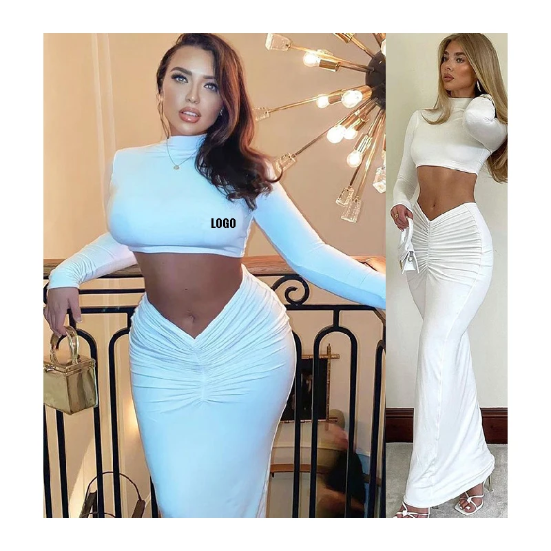 

Free shipping Clothing Long Sleeve Beach Long Dresses Ladies O Neck Two Piece Maxi White Turtleneck Casual Pleated Dress