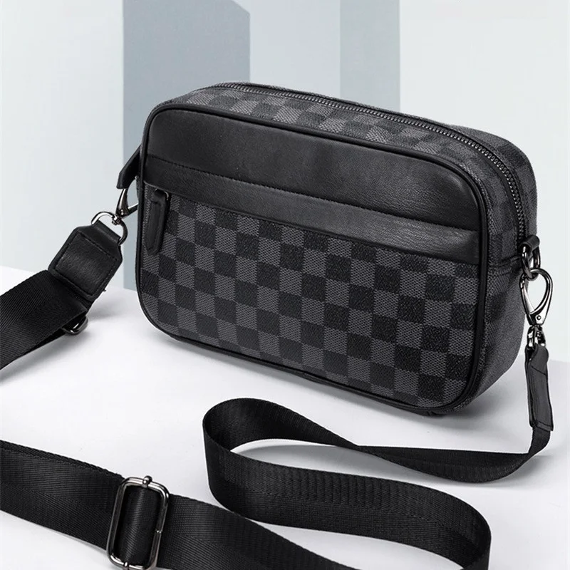 

Men's Leather Shoulder Small Square Bag Casual Waterproof Men's Bag New Fashion Plaid Men's Crossbody Bag, Black