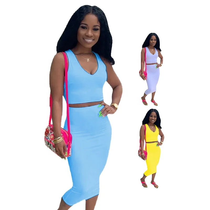 

Amazon Hot Sale African Style 2 piece short women sets Casual Solid Color Sleeveless V-Neck T-shirt Skirt