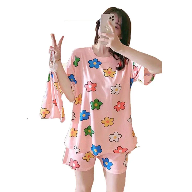 

wholesale womens sleepwear silk short-sleeve top short-pants pyjama set cartoon two piece pajama set